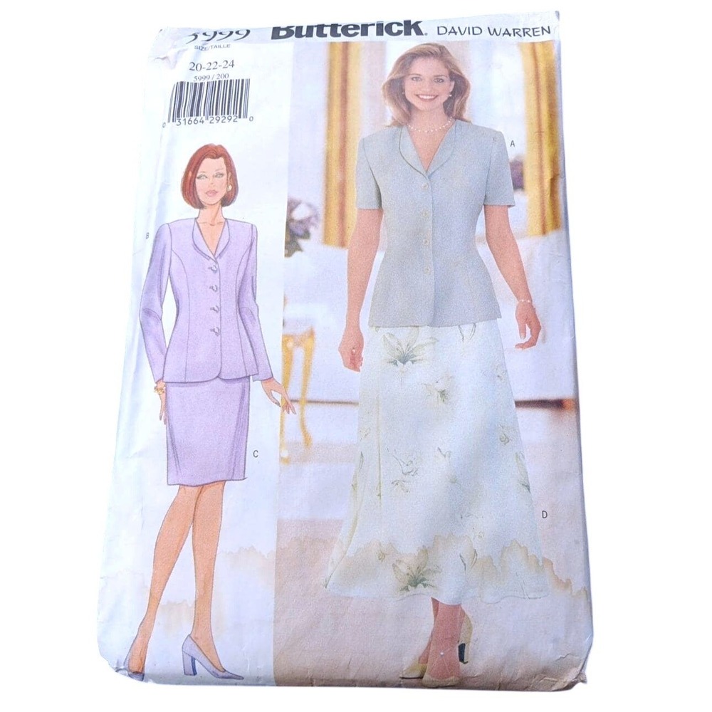 Butterick 5999 David Warren Sewing Pattern Misses Jacket Skirt Size 20-24 Uncut